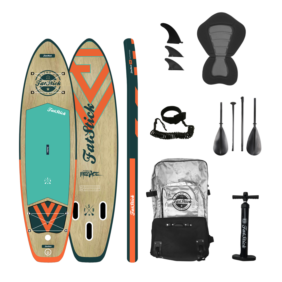 FatStick Wooden Menace 11'2 Inflatable Paddle Board and Kayak Hybrid – premium inflatable SUP with wooden design finish and kayak seat conversion for rivers lakes and sea