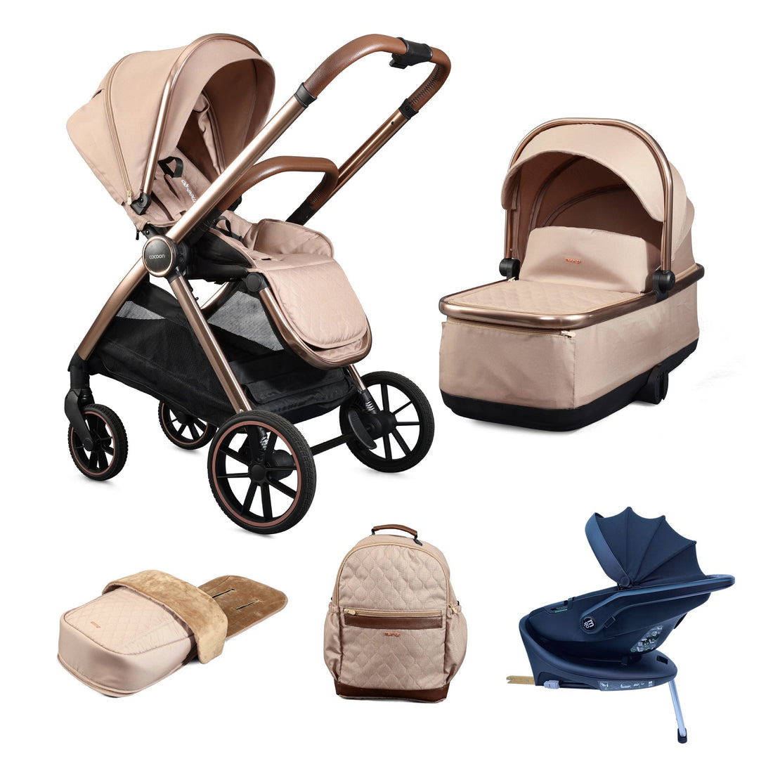 Mee-Go Cocoon Travel System with EVO Spin Car Seat and ISOFIX Base in Toffee — complete 3-in-1 bundle with carrycot seat unit car seat and ISOFIX base, suitable from birth to 22kg approximately 4 years