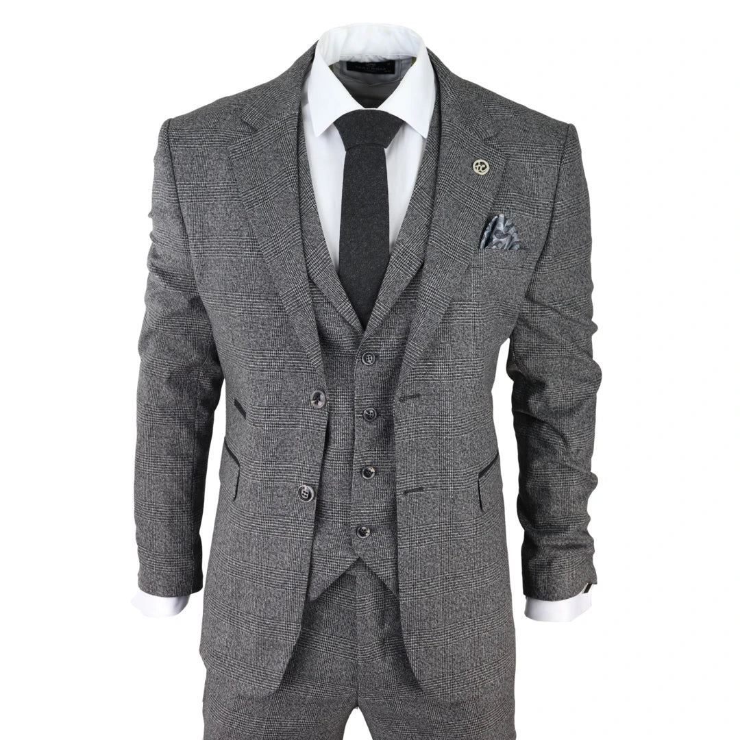 AK-10 Men's Classic 3 Piece Suit in Prince of Wales Check grey — tailored fit blazer, waistcoat and trousers for weddings and formal occasions