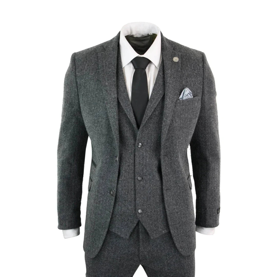 TruClothing STZ11 Men's Grey Black 3 Piece Tweed Suit in herringbone wool blend — tailored fit blazer, waistcoat and trousers with contrasting blue navy detailing