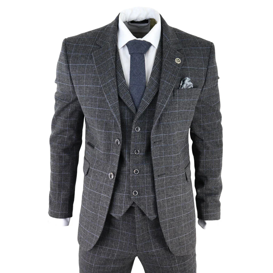 AK-12 Men's Grey Tweed 3 Piece Suit in Blue Check — 1920s Gatsby Peaky Blinders inspired tailored fit with blazer, waistcoat and trousers