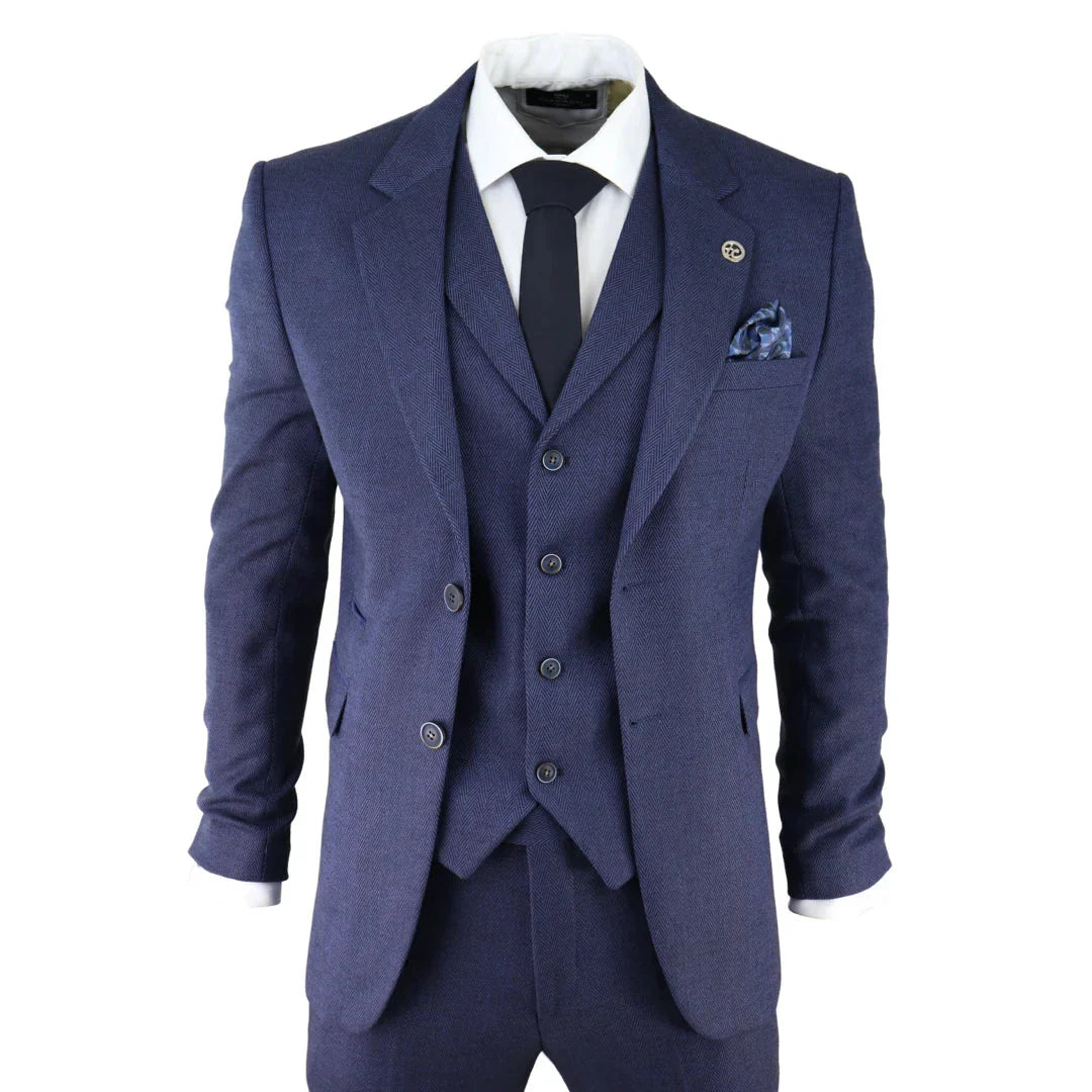 Dress Like a Gentleman: TruClothing Men's Herringbone Tweed 3 Piece Blue Suit at £169