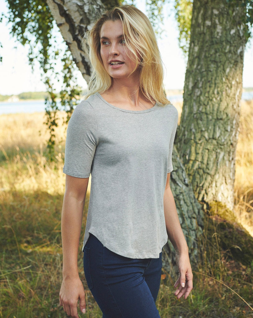 Fairtrade Organic Half Sleeve Women's T-shirt in speckled grey – relaxed fit, wide round neck, elbow-length sleeves