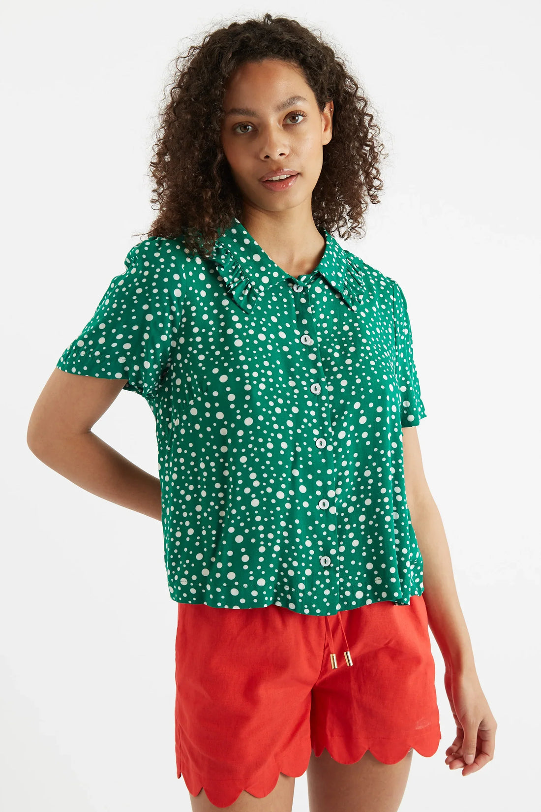 The £25 Blouse That Looks Like It Cost Three Times More: Louche Padma Spot It Print Ruffle Collar Blouse in Green