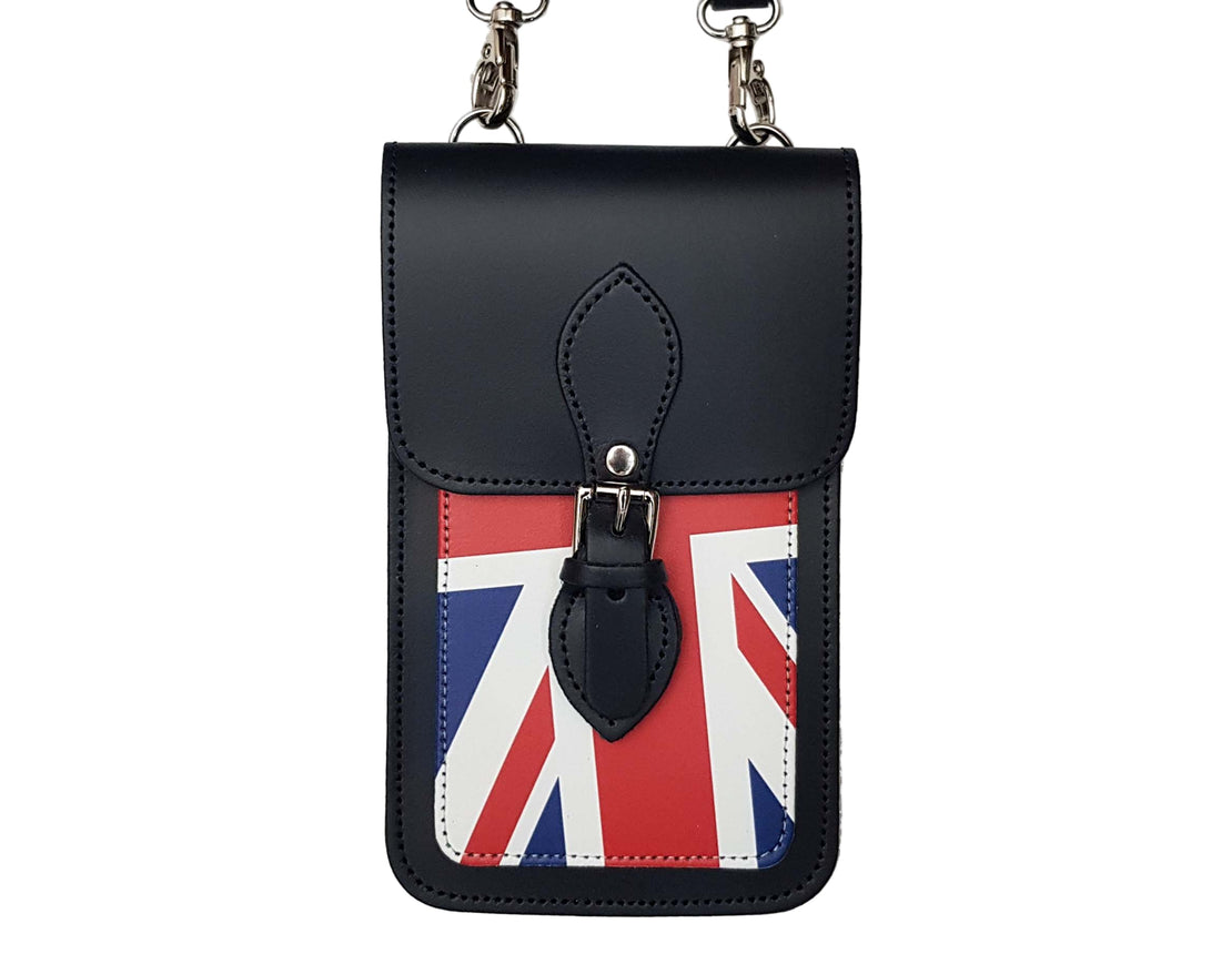 Collection of handmade leather mobile phone pouches from ALTOE in various styles including Union Jack, Pastel Blue, and Autumnal Kaleidoscope