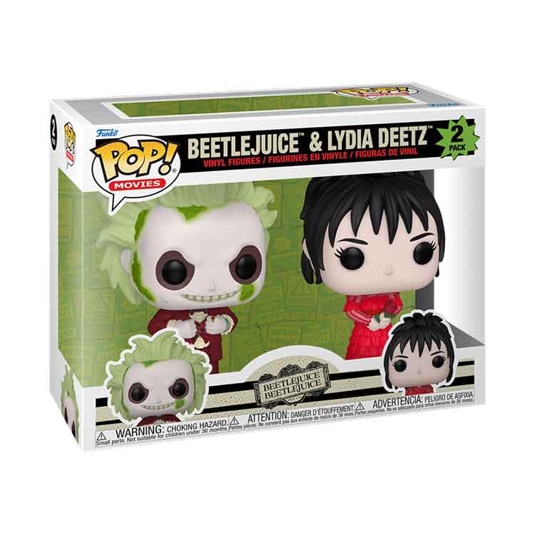 Funko POP Movies Beetlejuice and Lydia Deetz Wedding 2-Pack vinyl figures — front view showing both characters in iconic wedding attire from Beetlejuice Beetlejuice