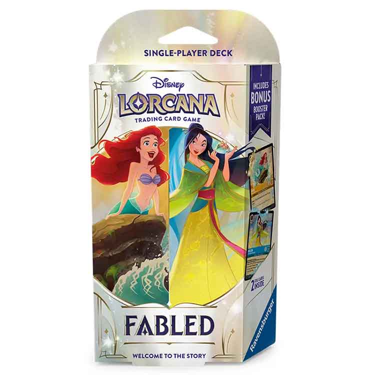 Disney Lorcana Fabled Starter Deck Ariel and Mulan Emerald and Ruby — 60-card ready-to-play deck with 2 foil cards, damage counters, paper playmat, tracker token, quick start rulebook and bonus booster pack