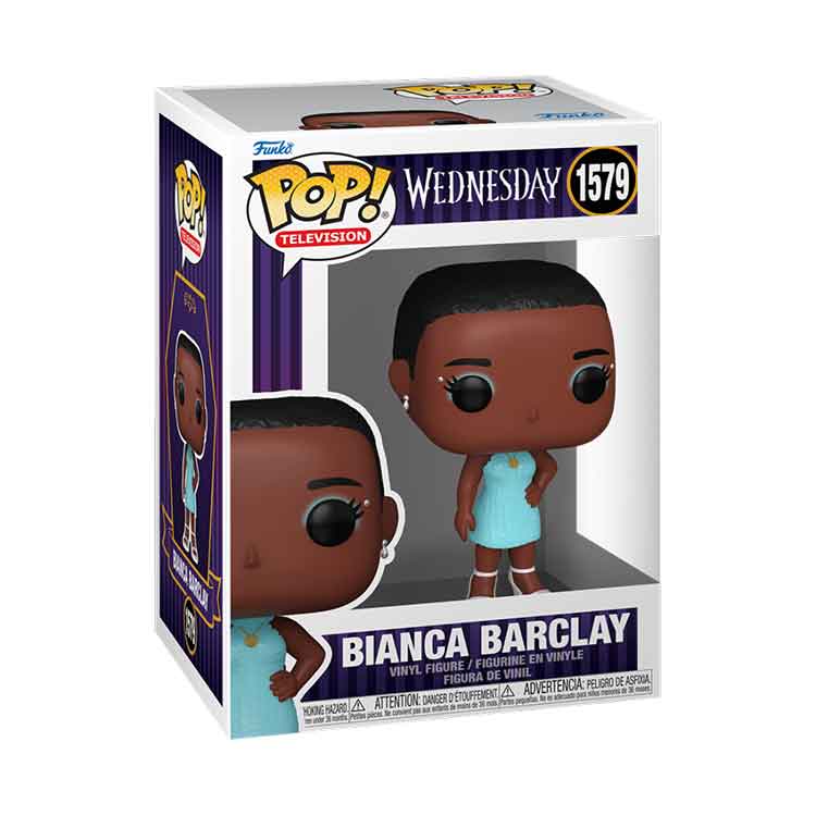 Funko Pop! TV Wednesday Rave'n Bianca Barclay 9cm vinyl figure in window display box — front view showing Rave'n dance attire sculpt and Nevermore Academy character detail