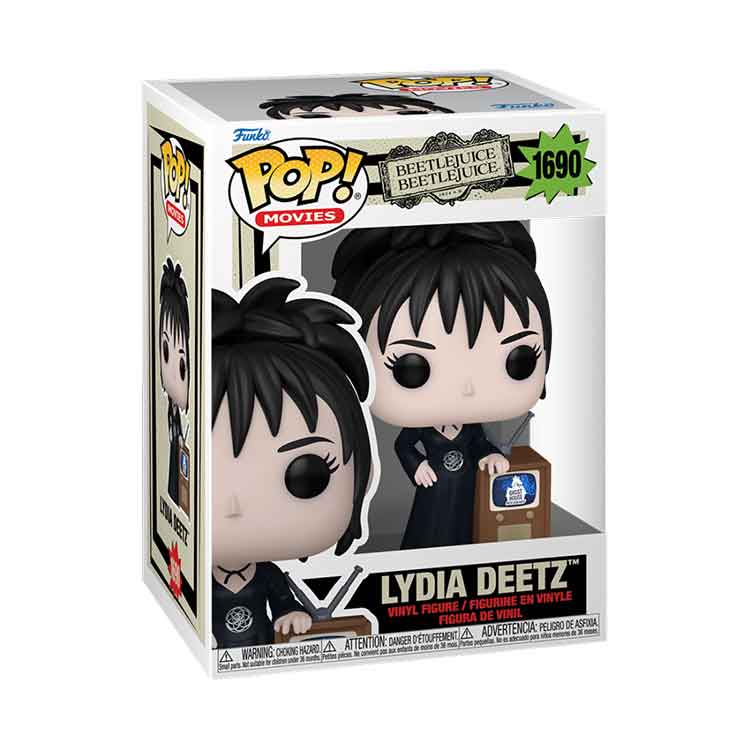 Funko POP! Movies Beetlejuice 2 Lydia Deetz 9cm vinyl figure in window display box — front view showing Lydia in her iconic gothic aesthetic from Beetlejuice 2