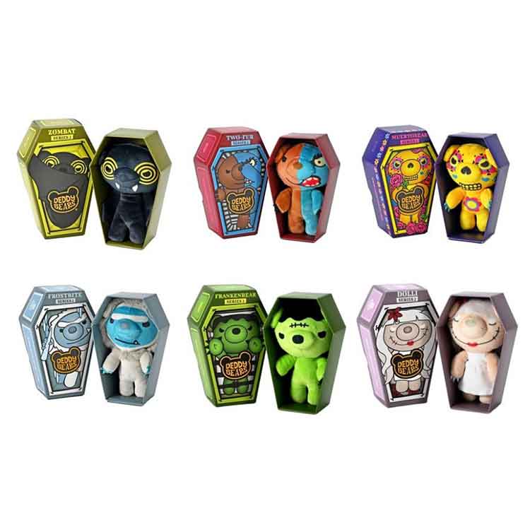 Deddy Bears Series 2 Coffin Plush 15cm collectible horror toys — assortment showing gothic bear characters including Frankenbear, Frostbite and Muertobear each arriving in their own coffin