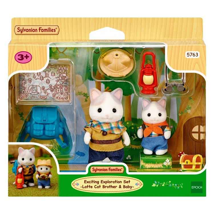 Sylvanian Families Exciting Exploration Set with Latte Cat Boy and Baby figures in explorer outfits with lantern, safari hat, rucksack, binoculars and map accessories