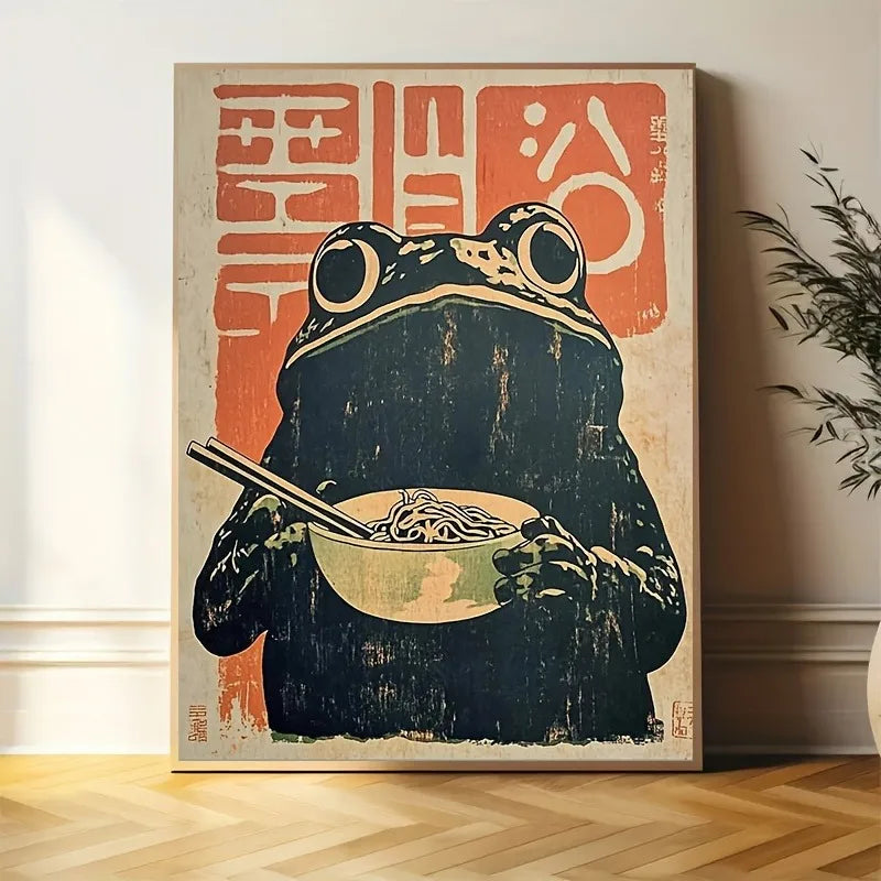 Retro Japanese Frog Ramen Poster by DArtano – cute vintage-style wall art print featuring a frog eating ramen in a Japanese aesthetic