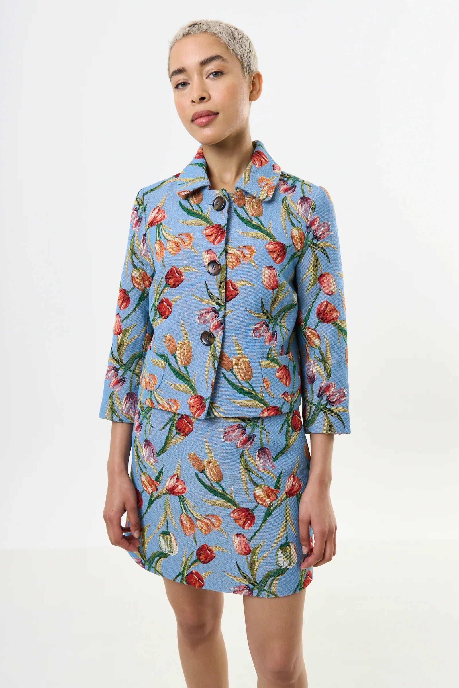 Louche Salut Tulip Jacquard Short Jacket Blue – The Premium Cropped Jacket That Transforms Every Outfit for £66.50