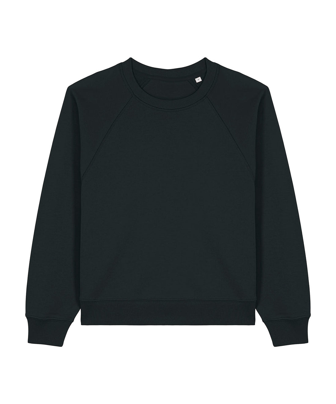 Organic Cotton Raglan Sweatshirt Womens from Earth Wardrobe in black showing the tailored medium fit raglan sleeves 300gsm French terry organic cotton construction and fabric-washed soft hand feel