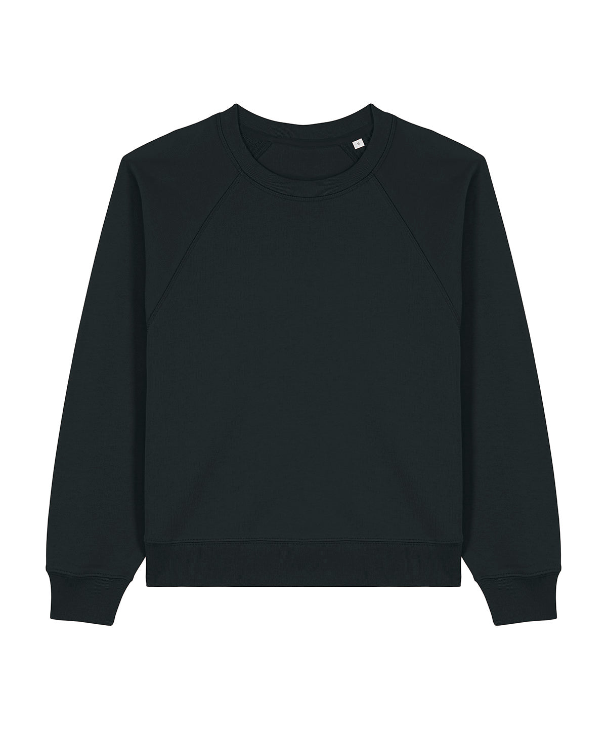 Organic Cotton Raglan Sweatshirt Womens from Earth Wardrobe in black showing the tailored medium fit raglan sleeves 300gsm French terry organic cotton construction and fabric-washed soft hand feel