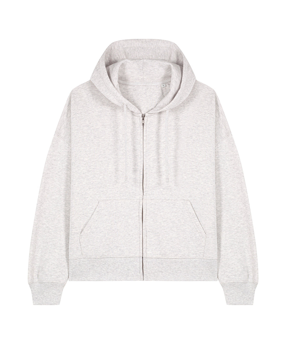 Organic Dropped Shoulder Zipped Hoodie in Cool Heather Grey — women's medium fit with dropped shoulders, shown front-on displaying the structured 300gsm organic cotton fleece
