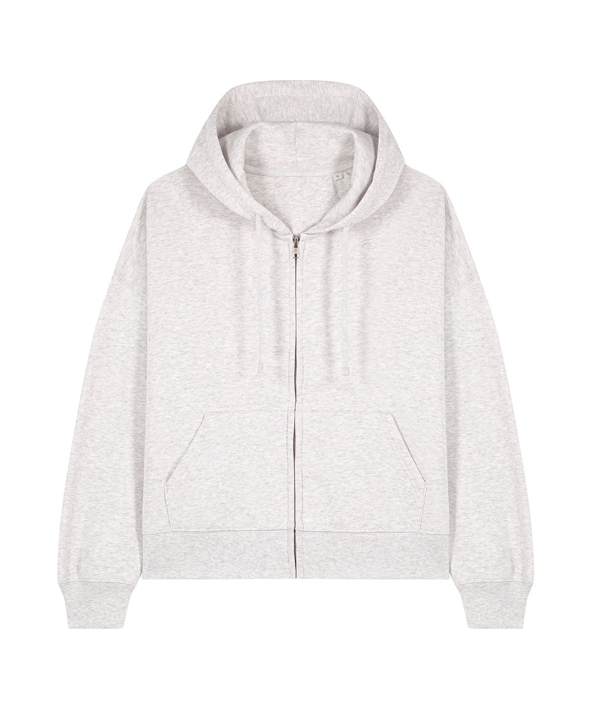 Organic Dropped Shoulder Zipped Hoodie in Cool Heather Grey — women's medium fit with dropped shoulders, shown front-on displaying the structured 300gsm organic cotton fleece