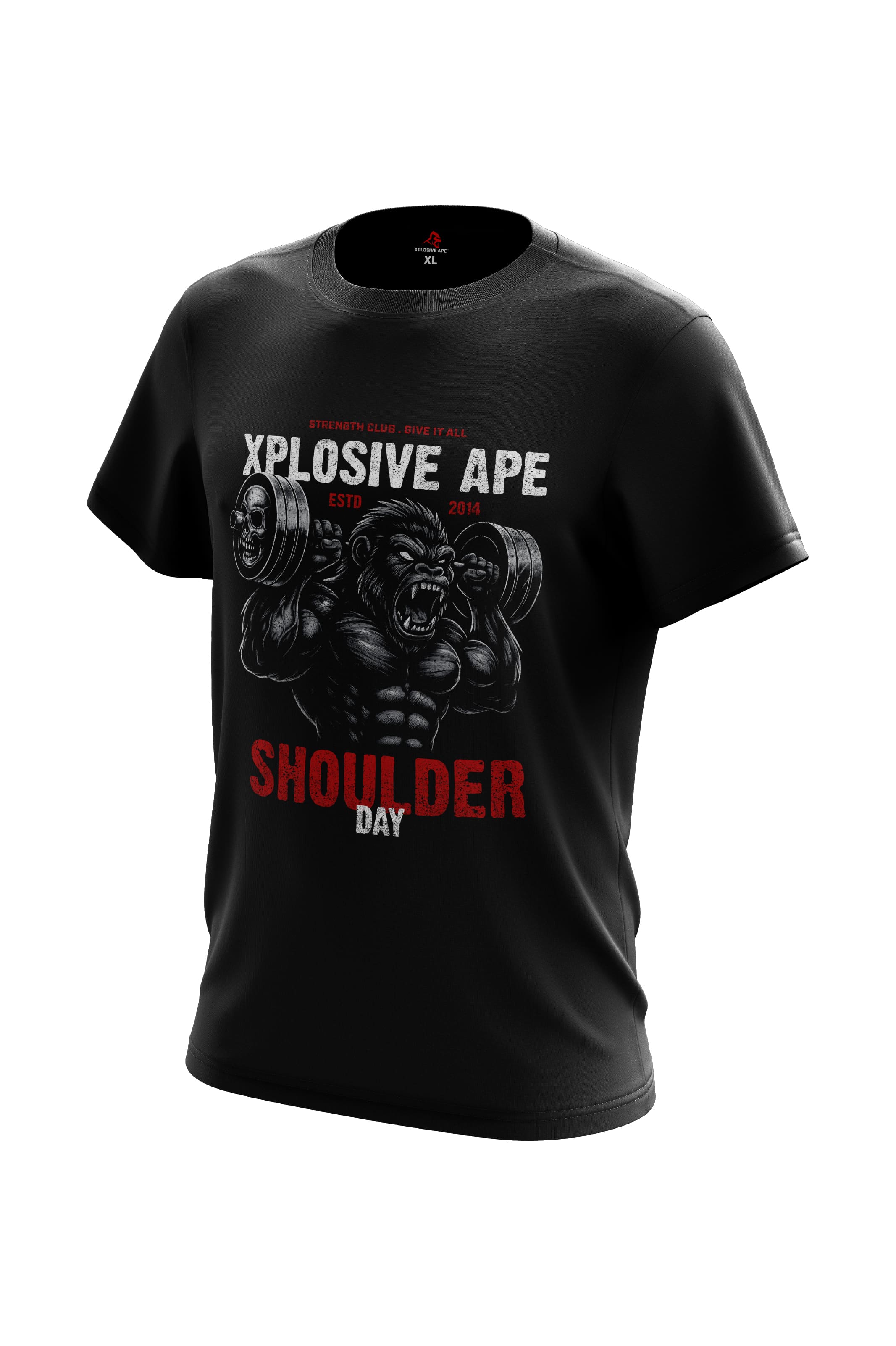 XAPE Shoulder Day V4 Tee in black — 180gsm 100% cotton relaxed fit gym t-shirt with Xplosive Ape branding, designed for training and casual wear
