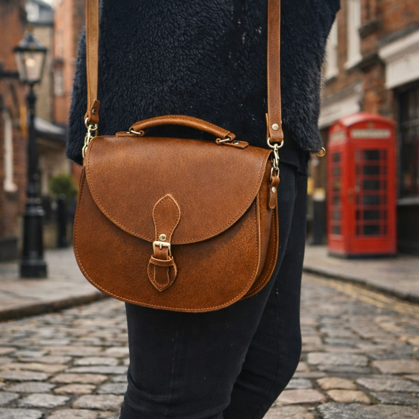 Woman wearing the Zatchels Handmade Tannery Leather Saddle Bag in Tan as a crossbody bag, showcasing the vintage saddle silhouette, silver buckle, and soft tannery leather