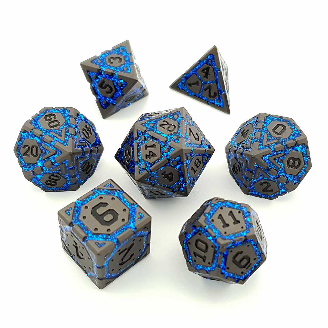 Cerulean Sigil Solid Metal Dice 7 Piece Set by Tabletop Dominion — full set including D4, D6, D8, D10, D%, D12 and D20 in cerulean finish