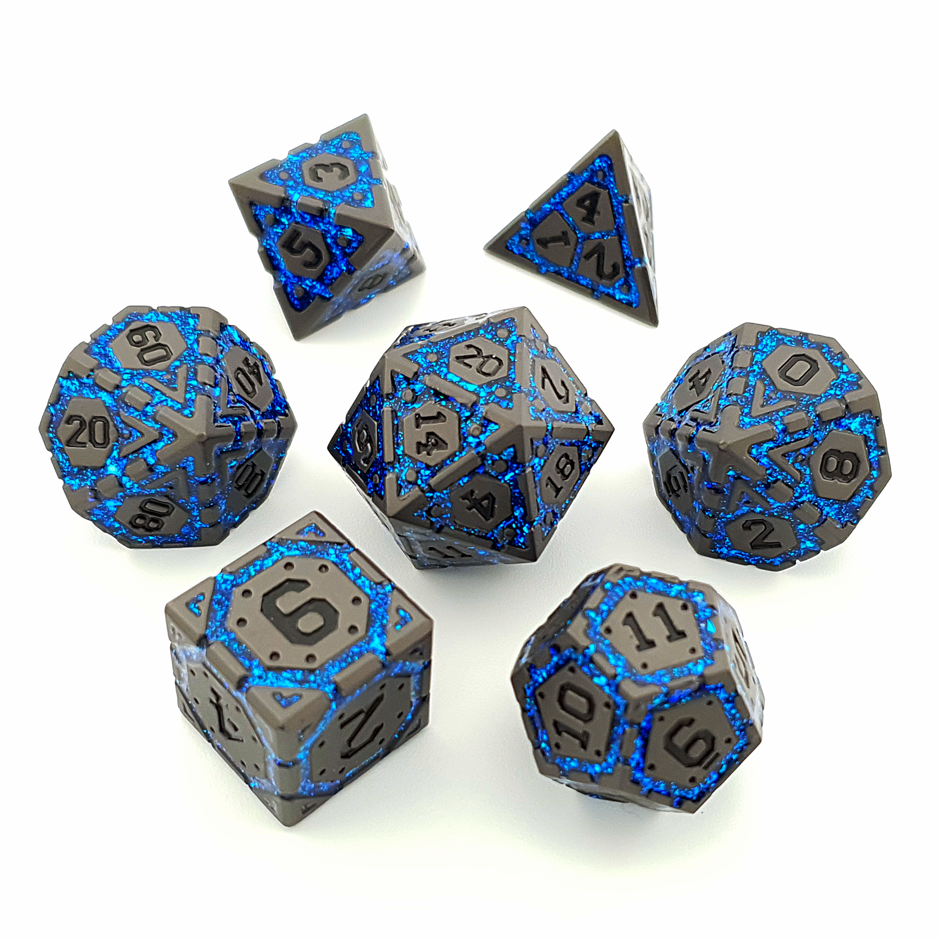 Cerulean Sigil Solid Metal Dice 7 Piece Set by Tabletop Dominion — full set including D4, D6, D8, D10, D%, D12 and D20 in cerulean finish