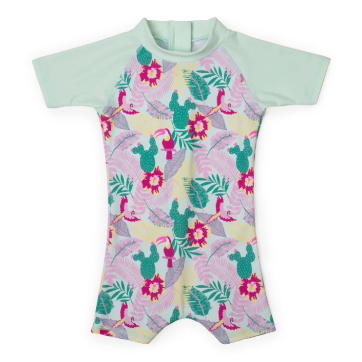 BANZ UPF 50+ kids swimwear range including one piece swimsuit, long rash shirt, and short rash shirt in bright summer prints