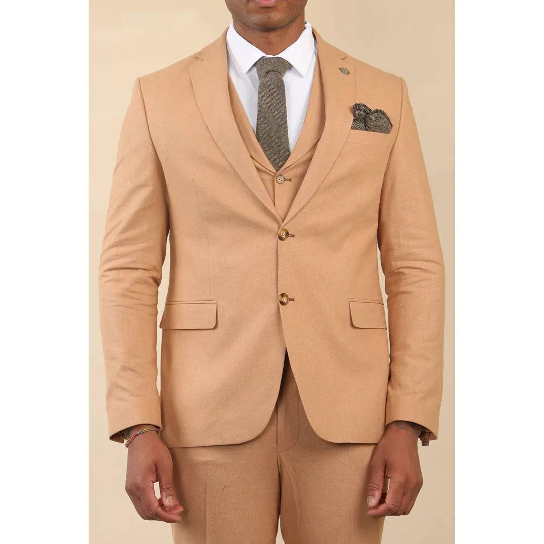 TruClothing TP-23 Men’s Camel 3-Piece Linen Summer Wedding Suit – 80% Cotton 20% Linen, Tailored Fit, Sizes 36–52” at £159.00