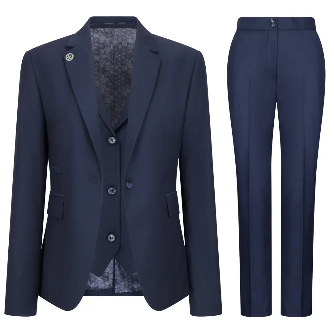 Harriet wearing the TPW-14 Women's 3 Piece Plain Navy Blue Suit – tailored blazer, waistcoat and trousers set