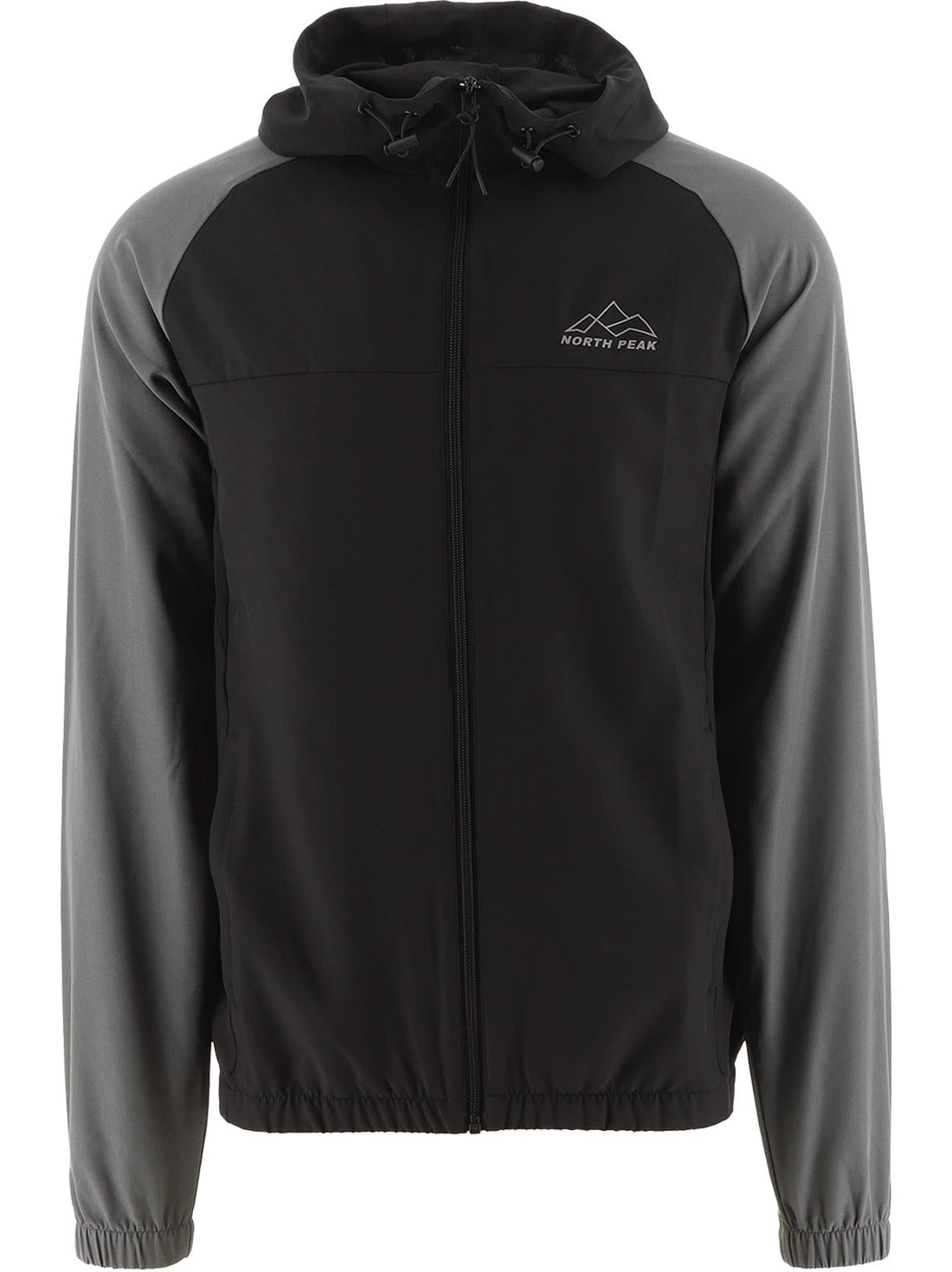 North Peak Valley Track Jacket in black and grey colourway, front view, worn as a casual everyday layer