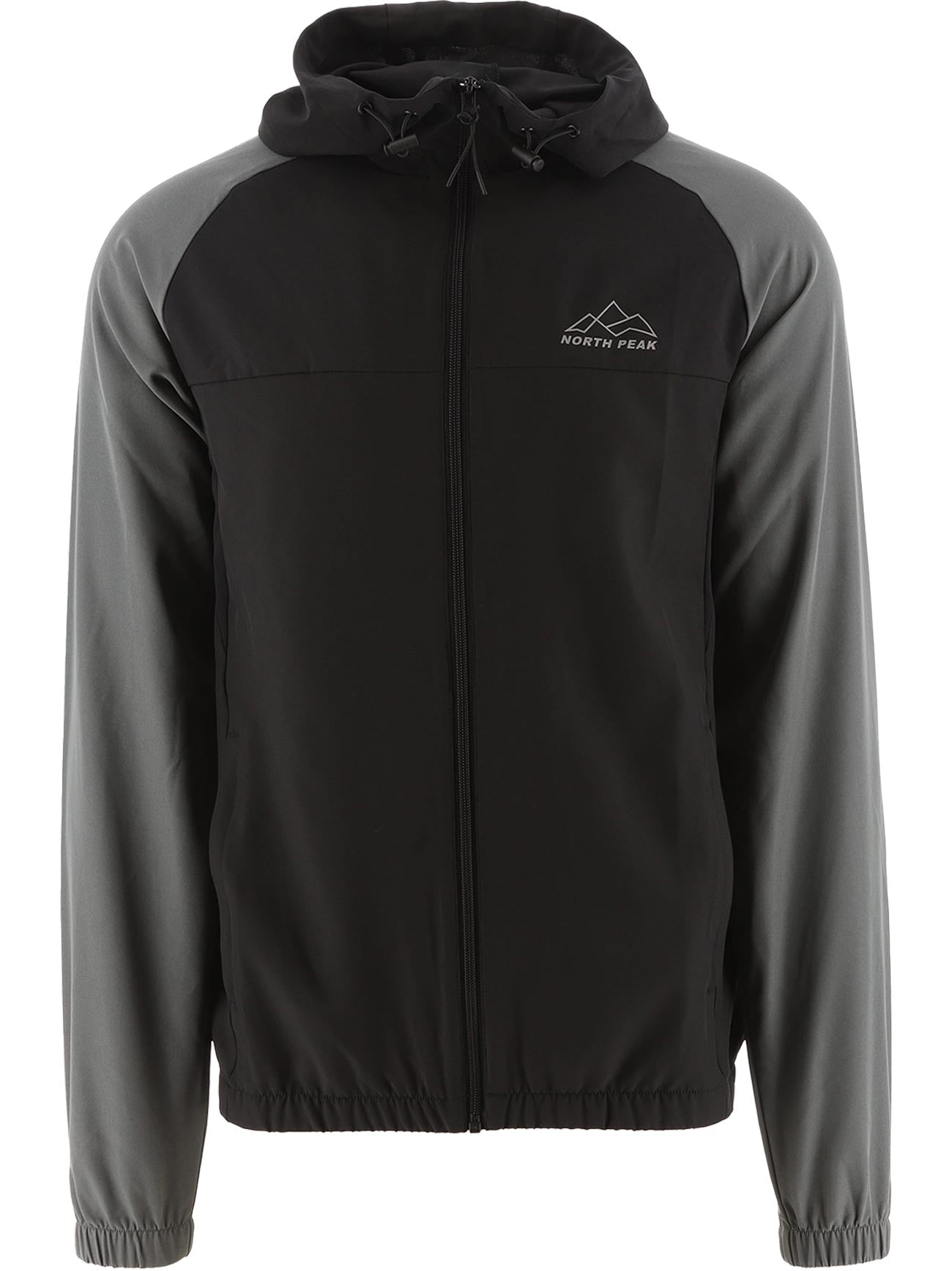North Peak Valley Track Jacket in black and grey colourway, front view, worn as a casual everyday layer