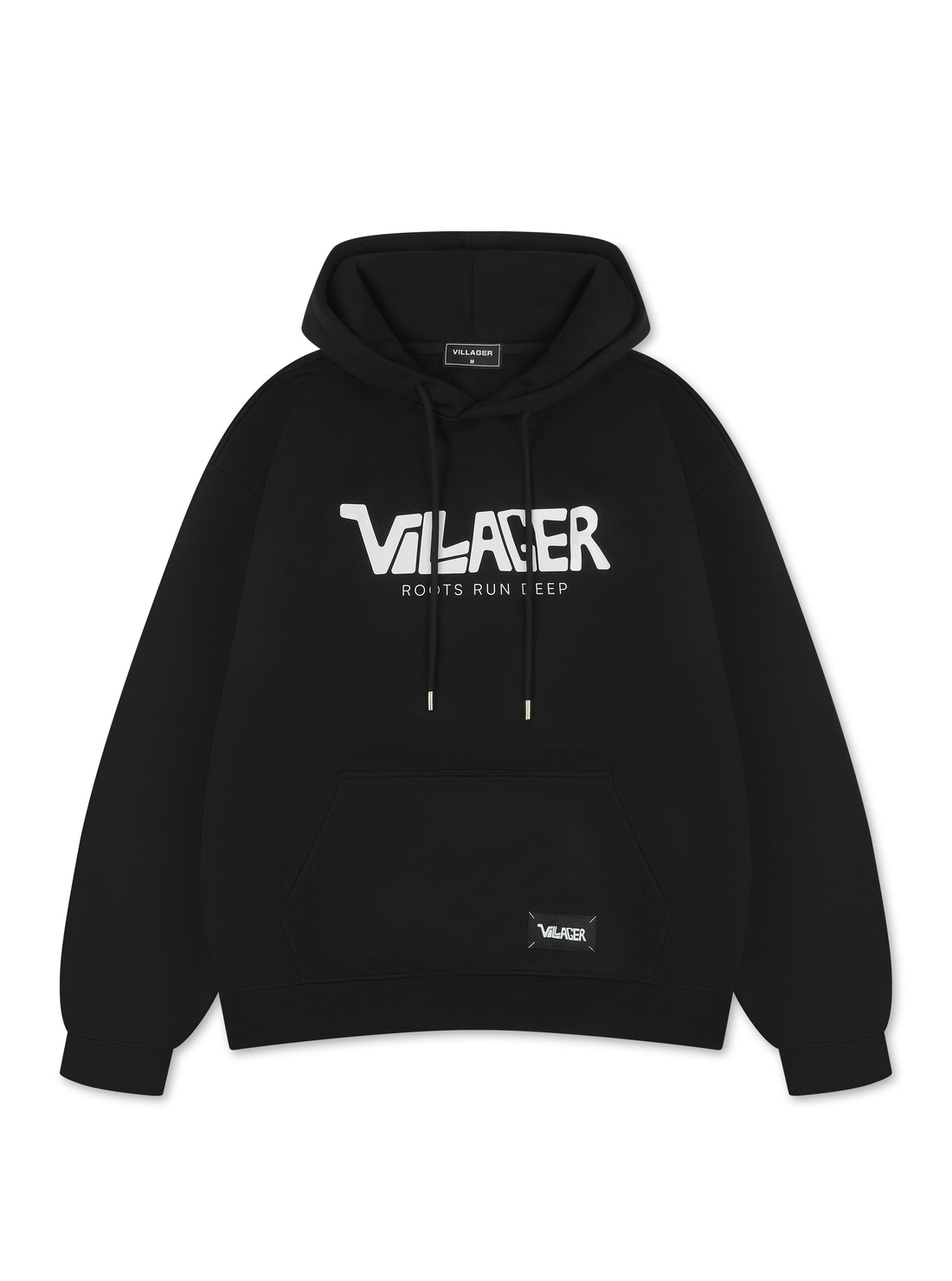Villager Signature Hoodie in black with bold white Villager logo and Roots Run Deep tagline across the chest — premium cotton-poly blend hoodie from the limited global release