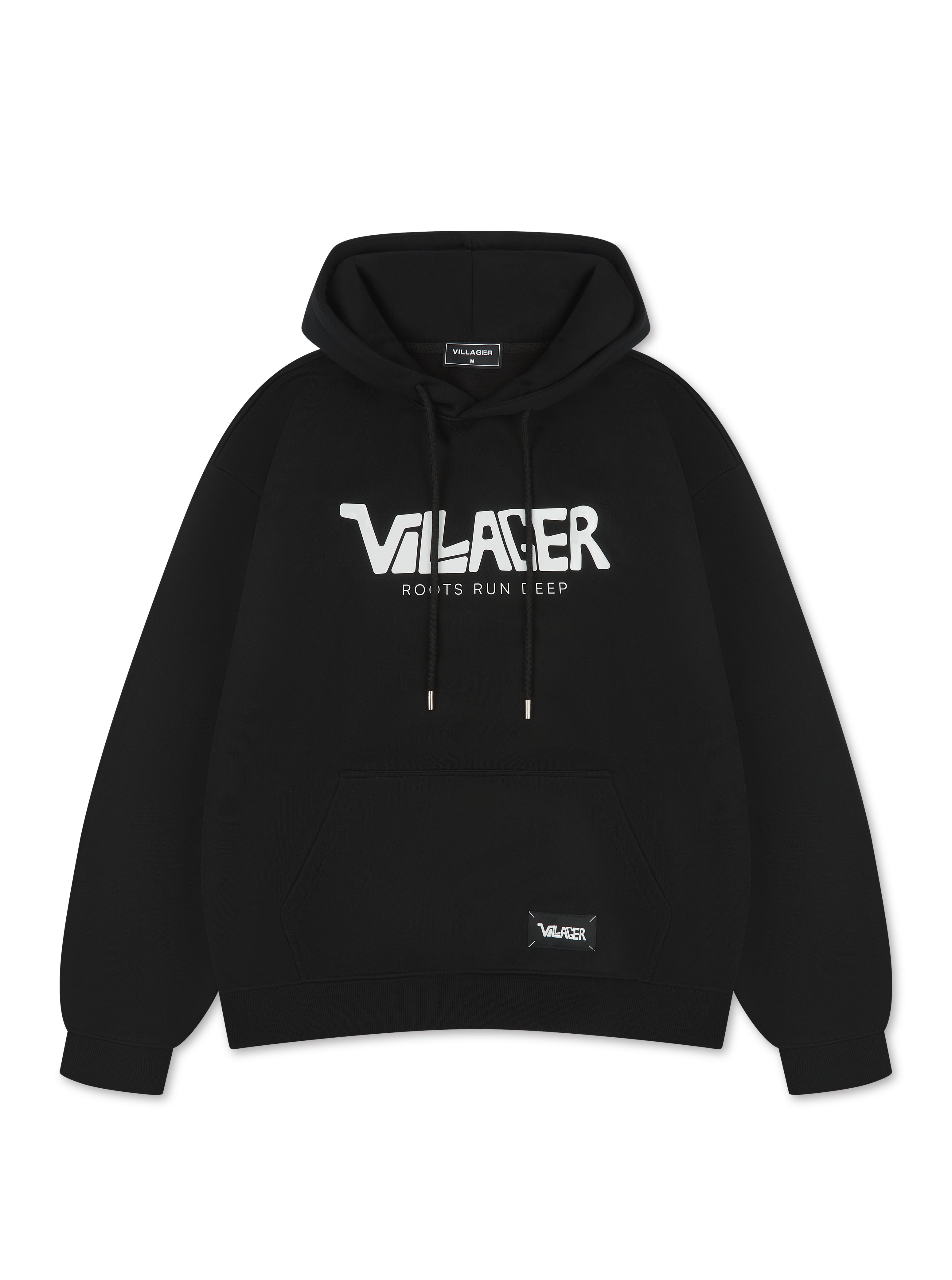 Villager Signature Hoodie in black with bold white Villager logo and Roots Run Deep tagline across the chest — premium cotton-poly blend hoodie from the limited global release