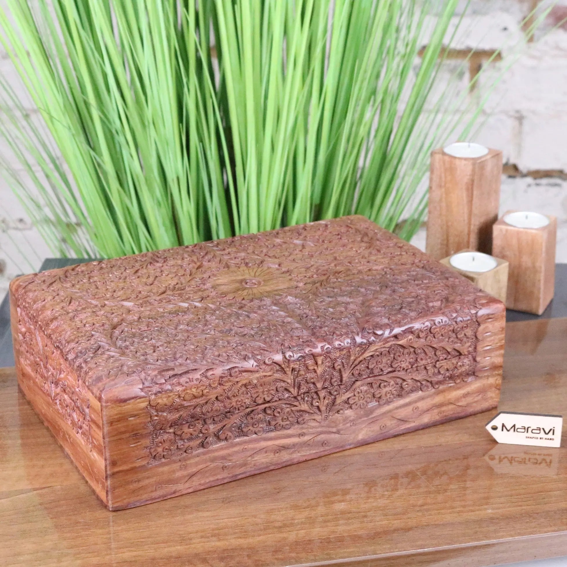 Vansuri Large Hand Carved Wooden Box — one of four handcrafted Sheesham wood jewellery boxes compared at ALTOE