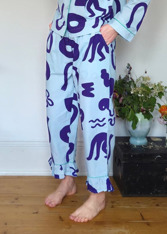 Wild Clouds Organic Cotton Pyjama Bottoms in Blue Things – Elasticated Waist & Cuffs, Deep Pockets, Corozo Nut Buttons, 100% Natural at £58.00