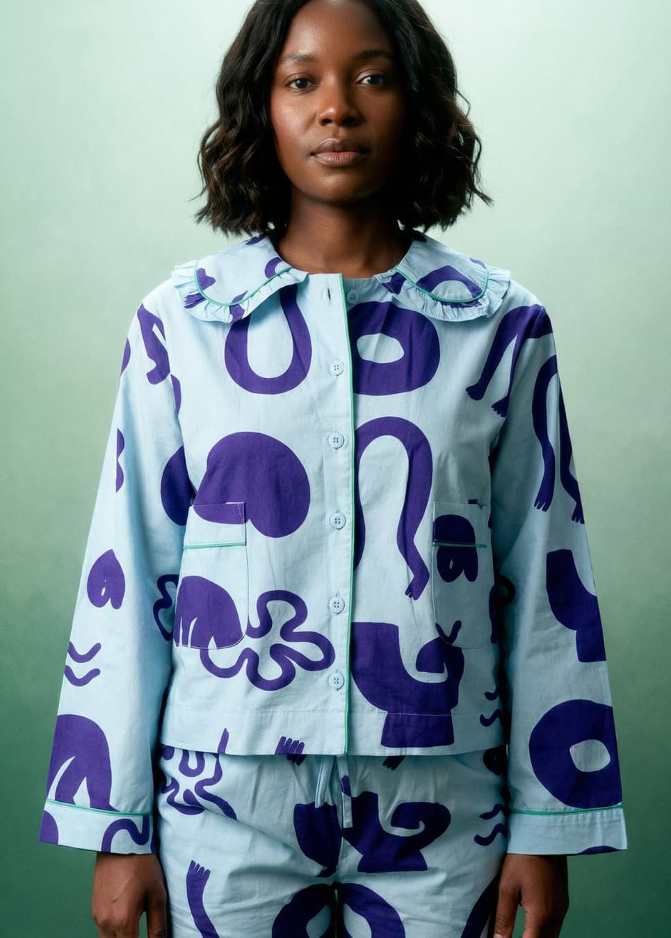 Wild Clouds Organic Cotton Pyjama Shirt in Blue Things – Frill Collar, Green Piping, Corozo Nut Buttons & Free Scrunchie at £65.00