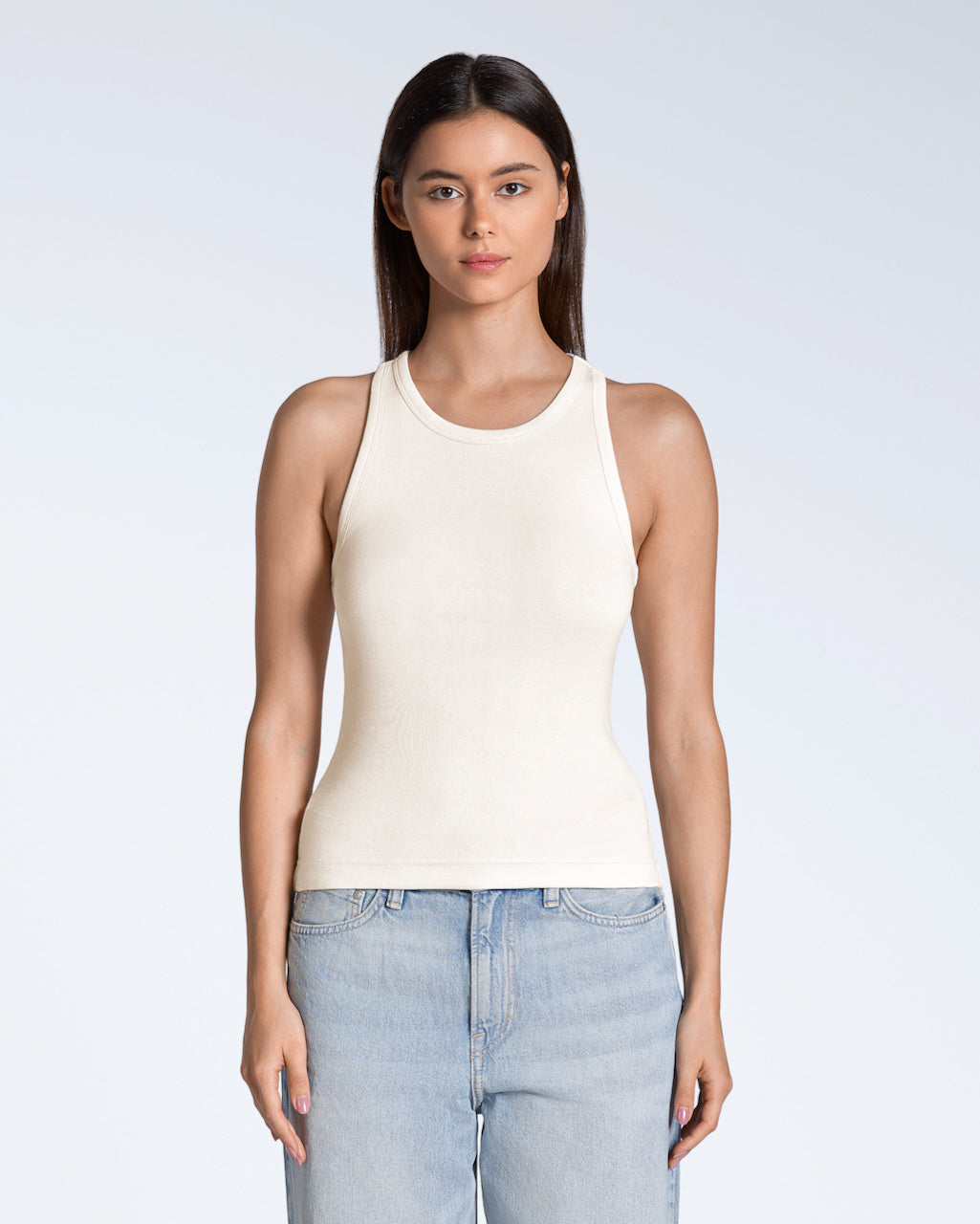 PLAINANDSIMPLE Organic Racer Tank Top in natural — 100% GOTS-certified organic Pima cotton rib 280GSM close-fitting racerback silhouette, lifetime guarantee, made in Tirupur India