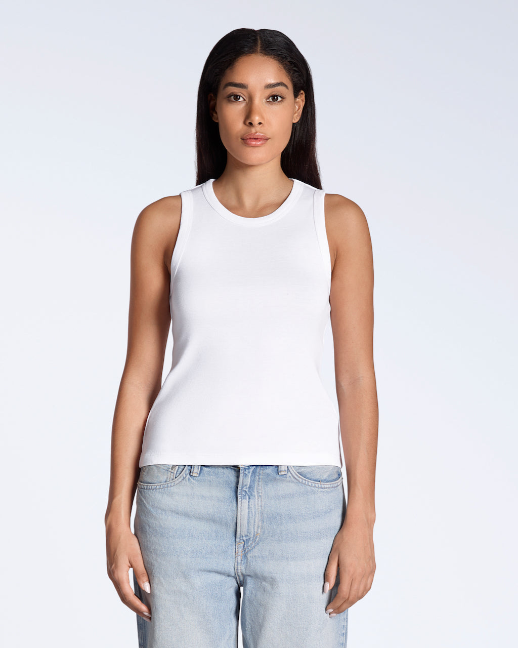 Plain and Simple Organic Tank Top in white — GOTS-certified organic Pima cotton ribbed fitted tank with timeless silhouette, shown from the front