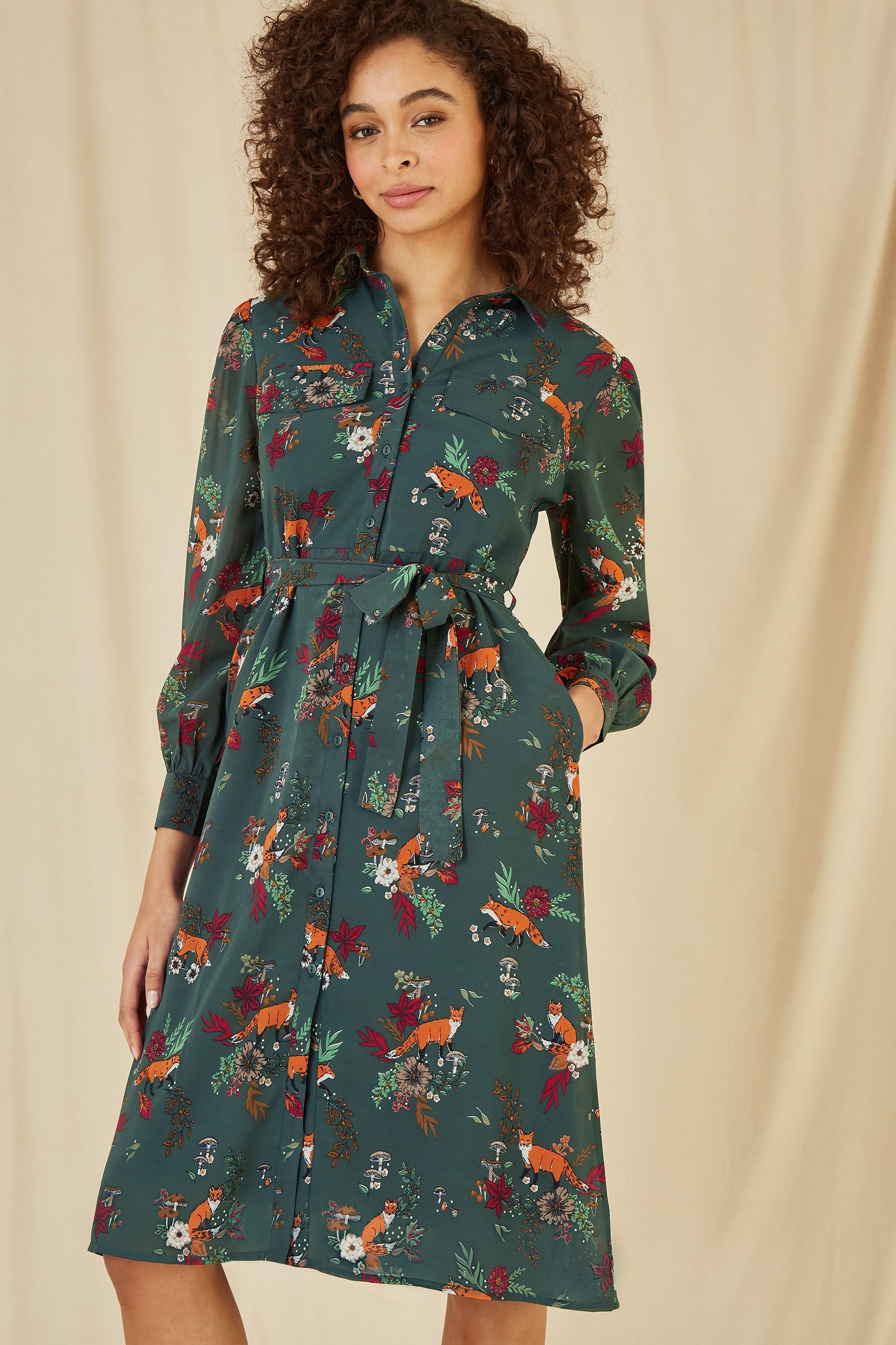 Feeling Foxy This Season: Yumi Recycled Green Fox Print Shirt Midi Dress at £48