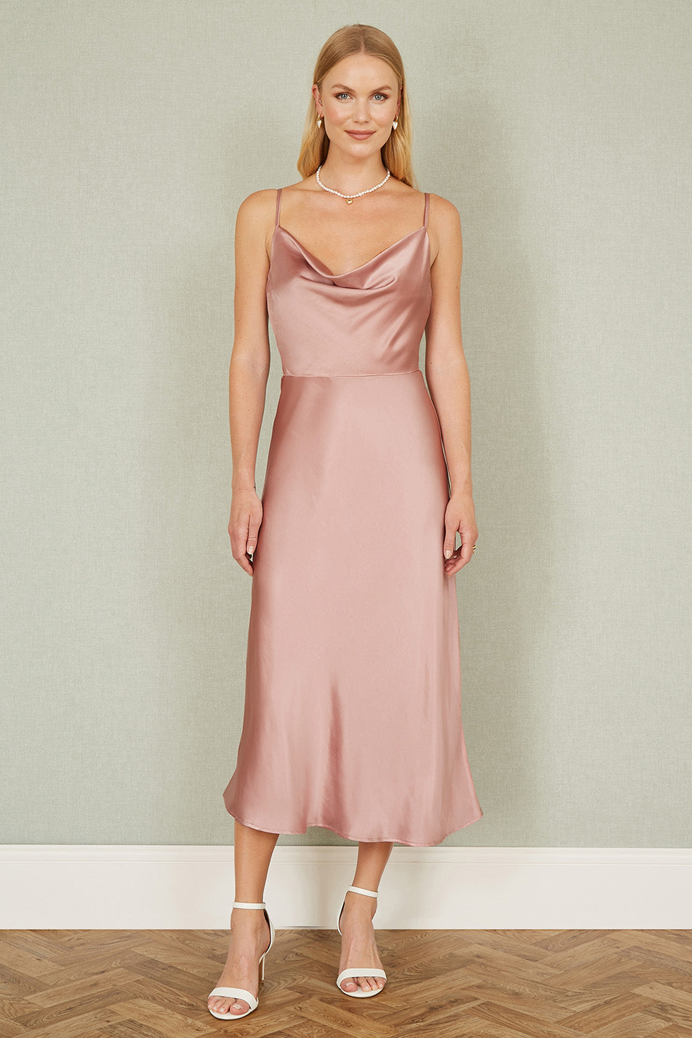 Slink Into Any Room: The Yumi Rose Pink Satin Cowl Neck Midi Slip Dress That's Perfect for Weddings, Bridesmaids & Beyond — Just £44
