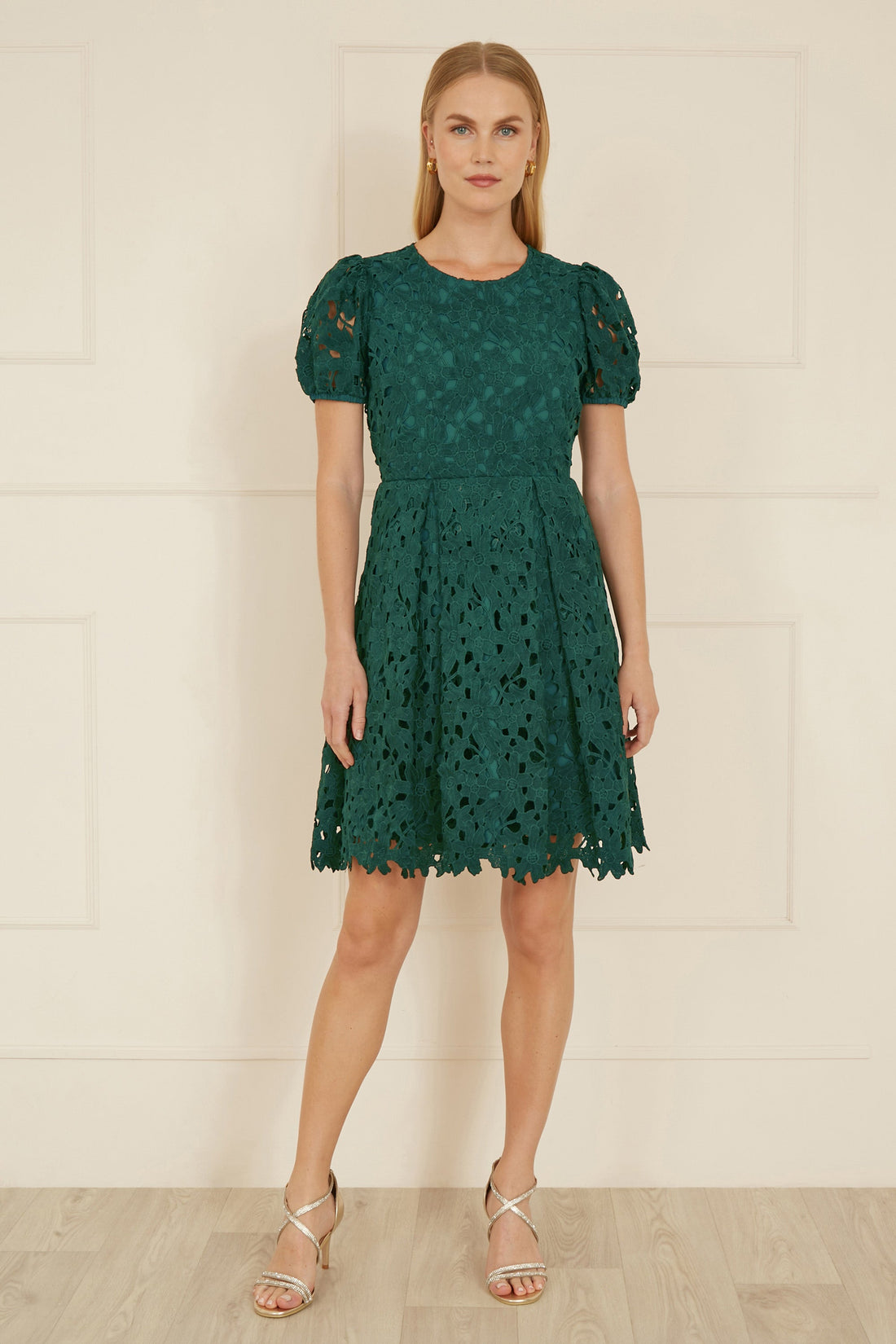 Yumi Green Lace Skater Dress with Puff Sleeves — 100% polyester fit and flare skater dress with lace overlay and puff sleeves at 101cm length for summer wedding occasion wear