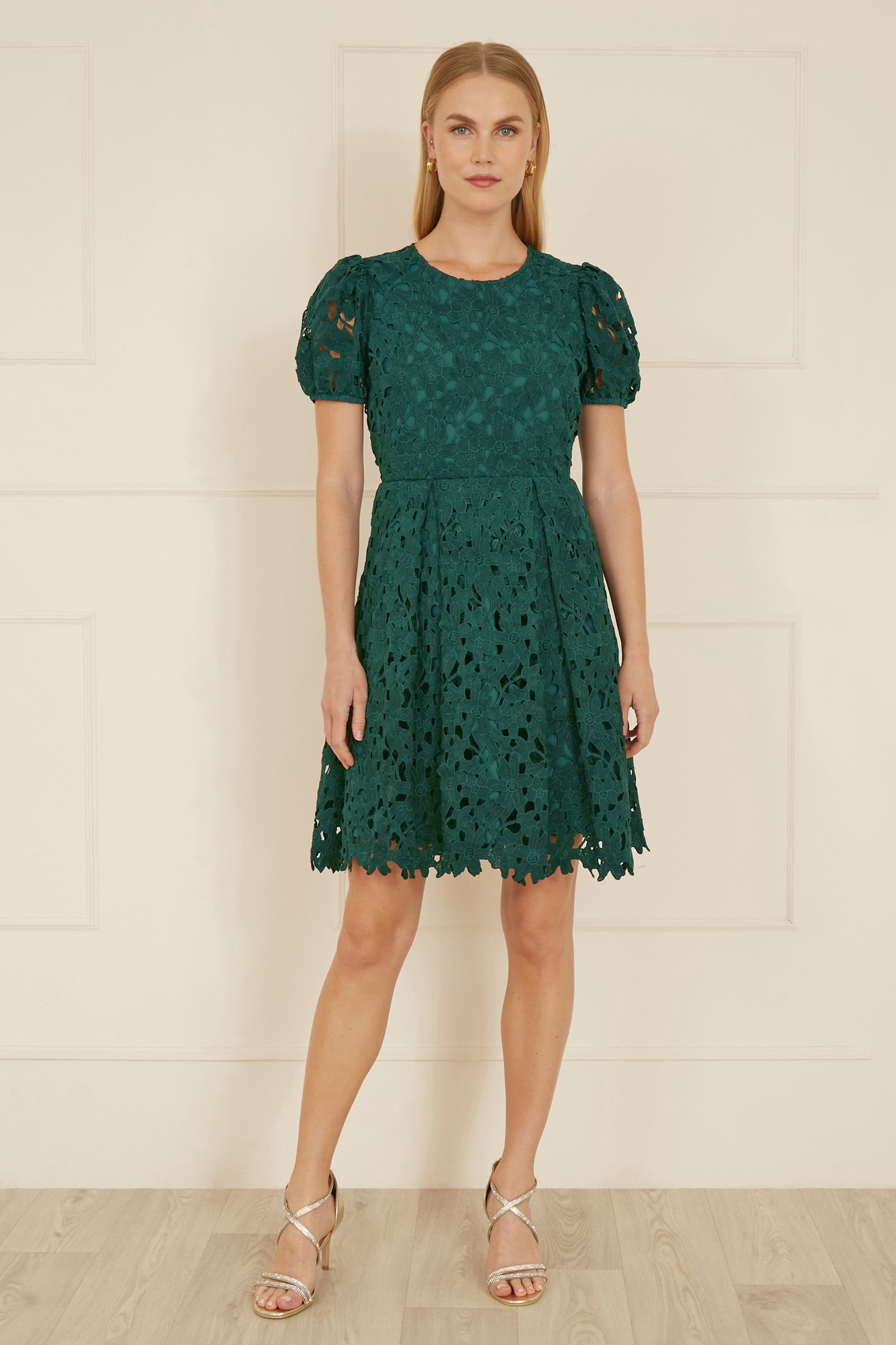 Yumi Green Lace Skater Dress with Puff Sleeves — 100% polyester fit and flare skater dress with lace overlay and puff sleeves at 101cm length for summer wedding occasion wear