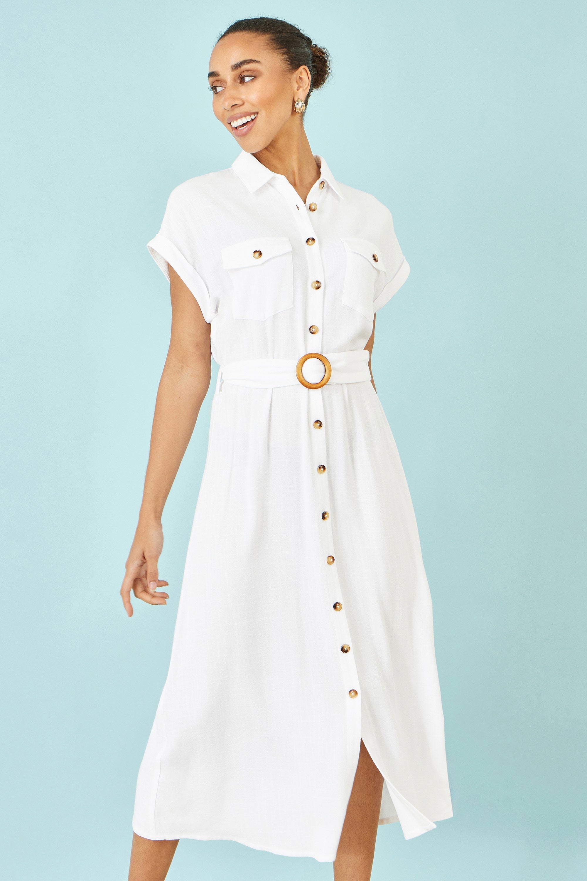 Yumi White Viscose Linen Look Midi Shirt Dress With Wooden Belt – The Effortless Summer White Dress You've Been Looking For