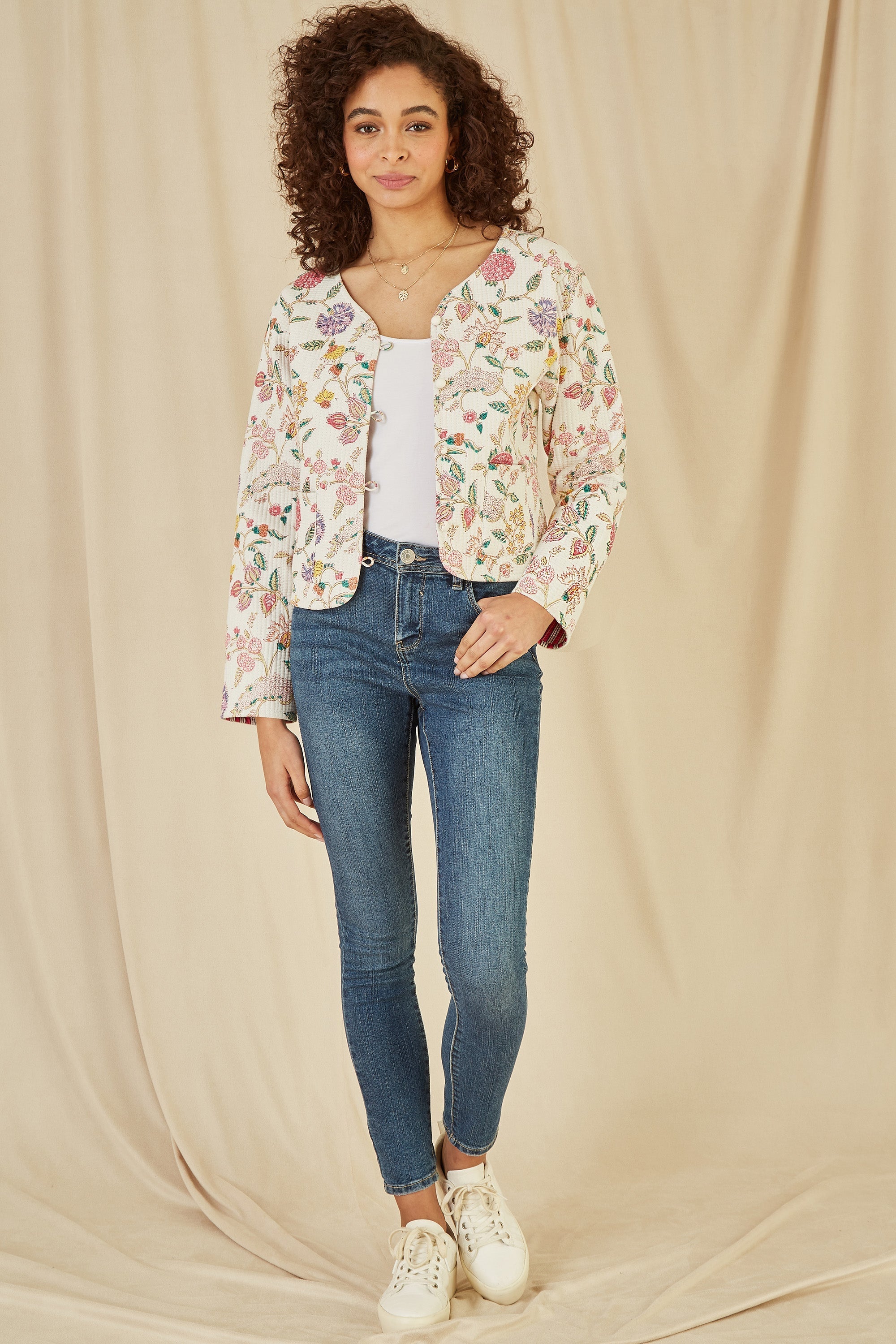 Yumi White Floral Print Reversible Cotton Cropped Quilted Jacket – Two Jackets in One for Just £55.00