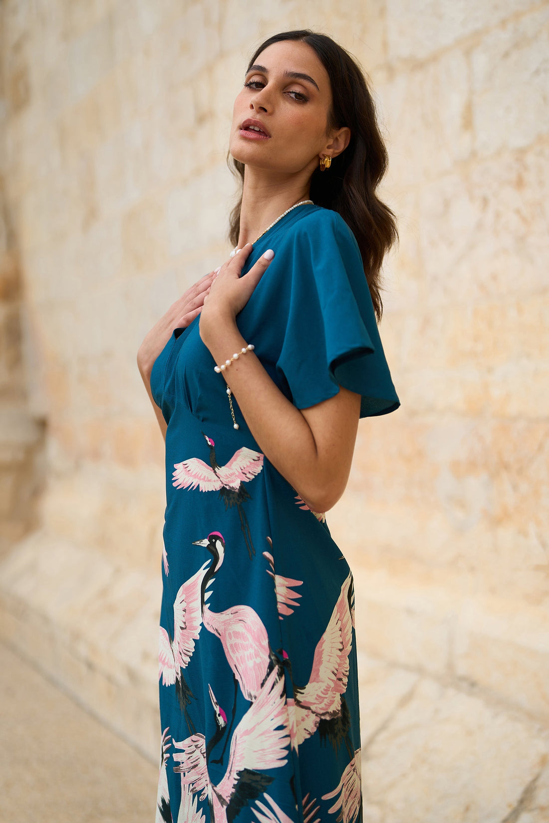 Turn Heads This Season: Yumi Teal Recycled Fabric Crane Print Kimono Midi Dress at £75