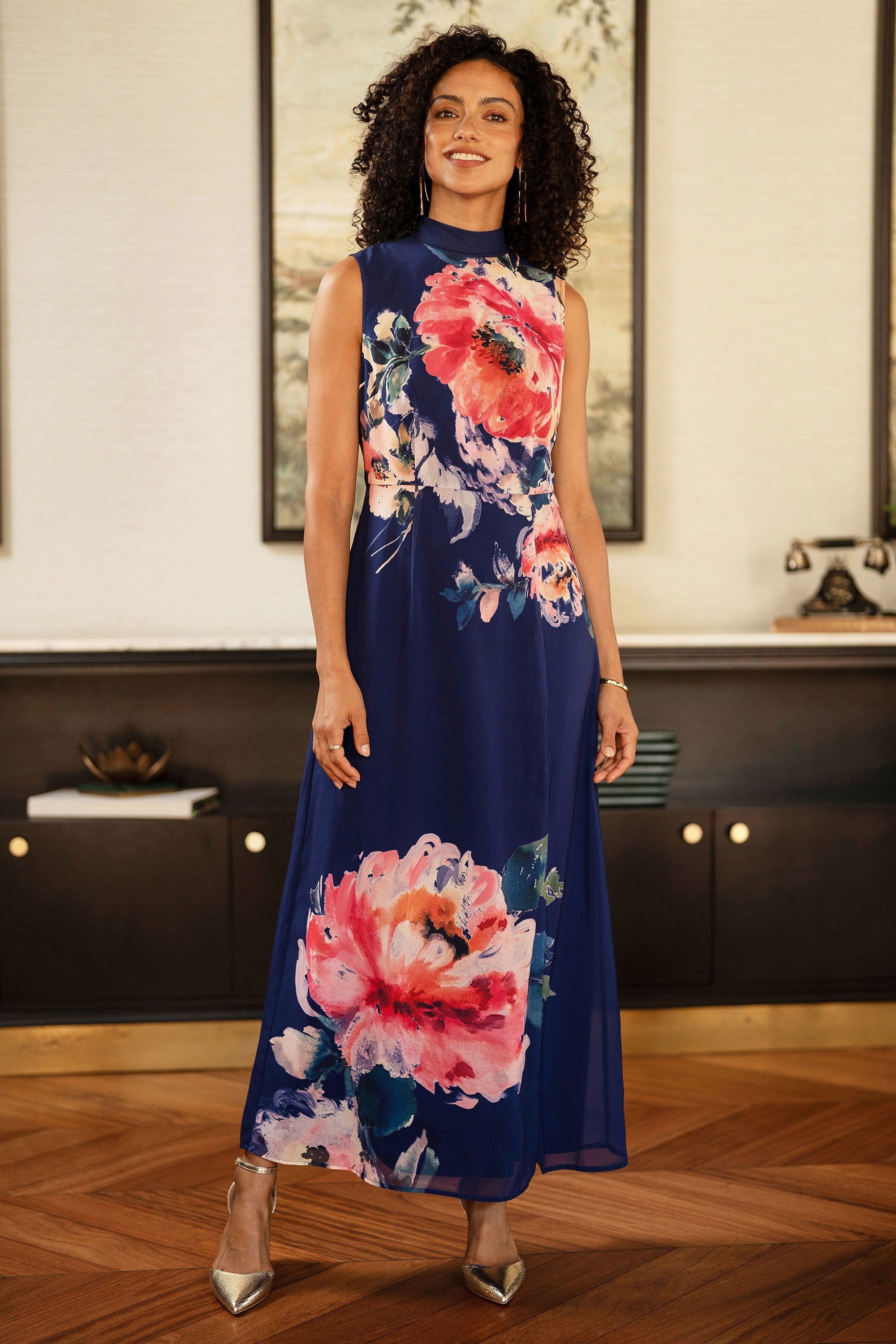 Yumi Navy Flower Halter Neck Maxi Dress – Bold Floral Elegance for Just £80