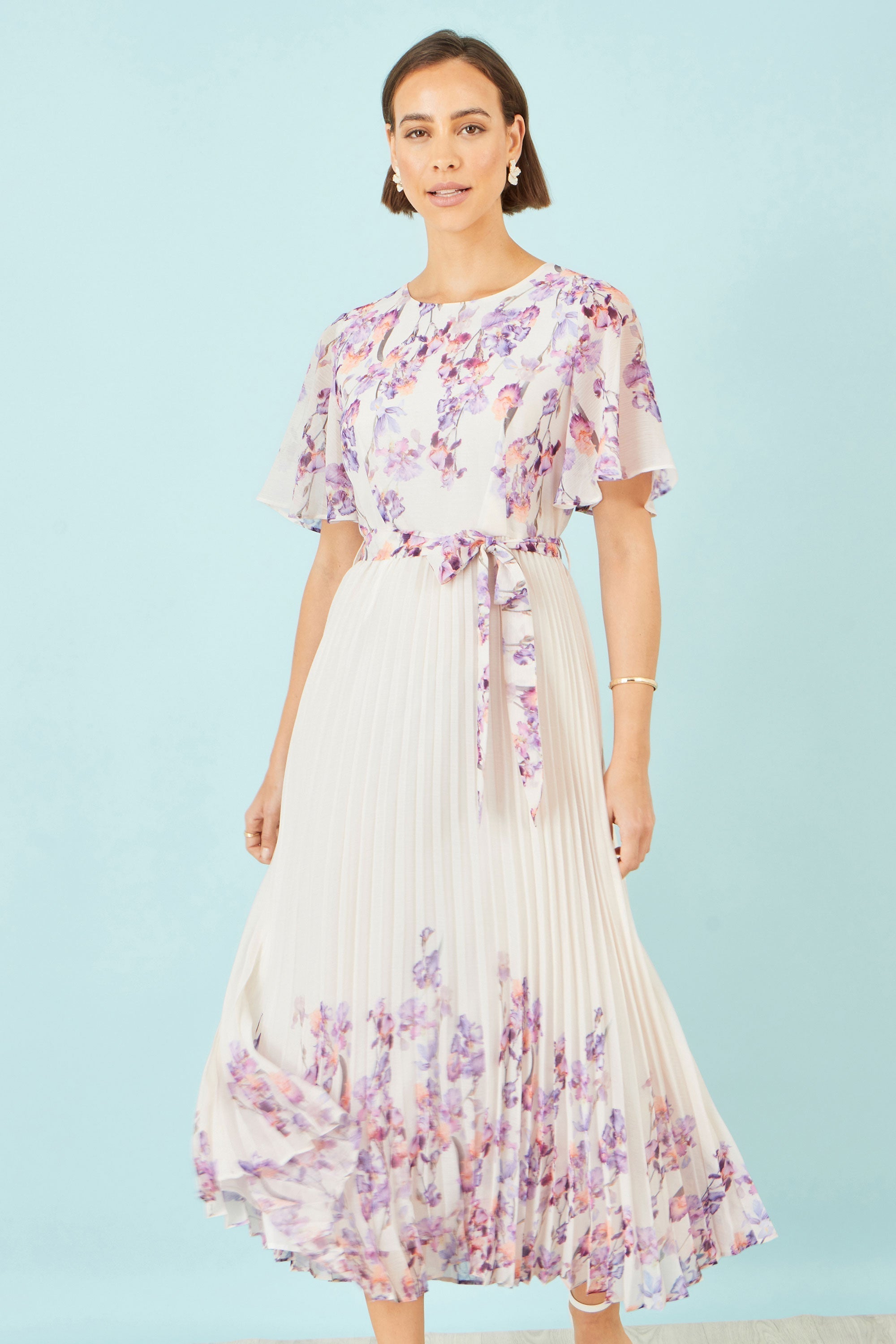 Float Into Summer: The Yumi Ivory Floral Mirror Pleated Midi Dress at £75