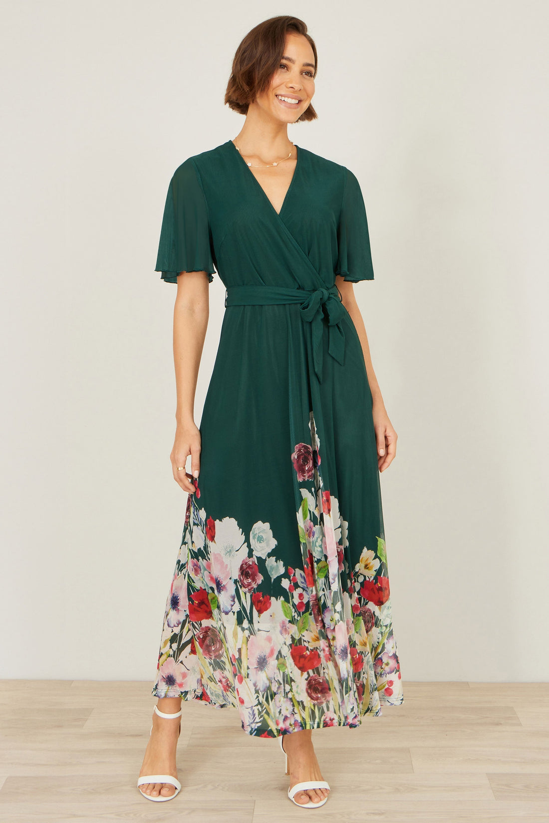 Yumi Green Mesh Wrap Midi Dress With Floral Hem Border – The Show-Stopping Summer Dress for £75