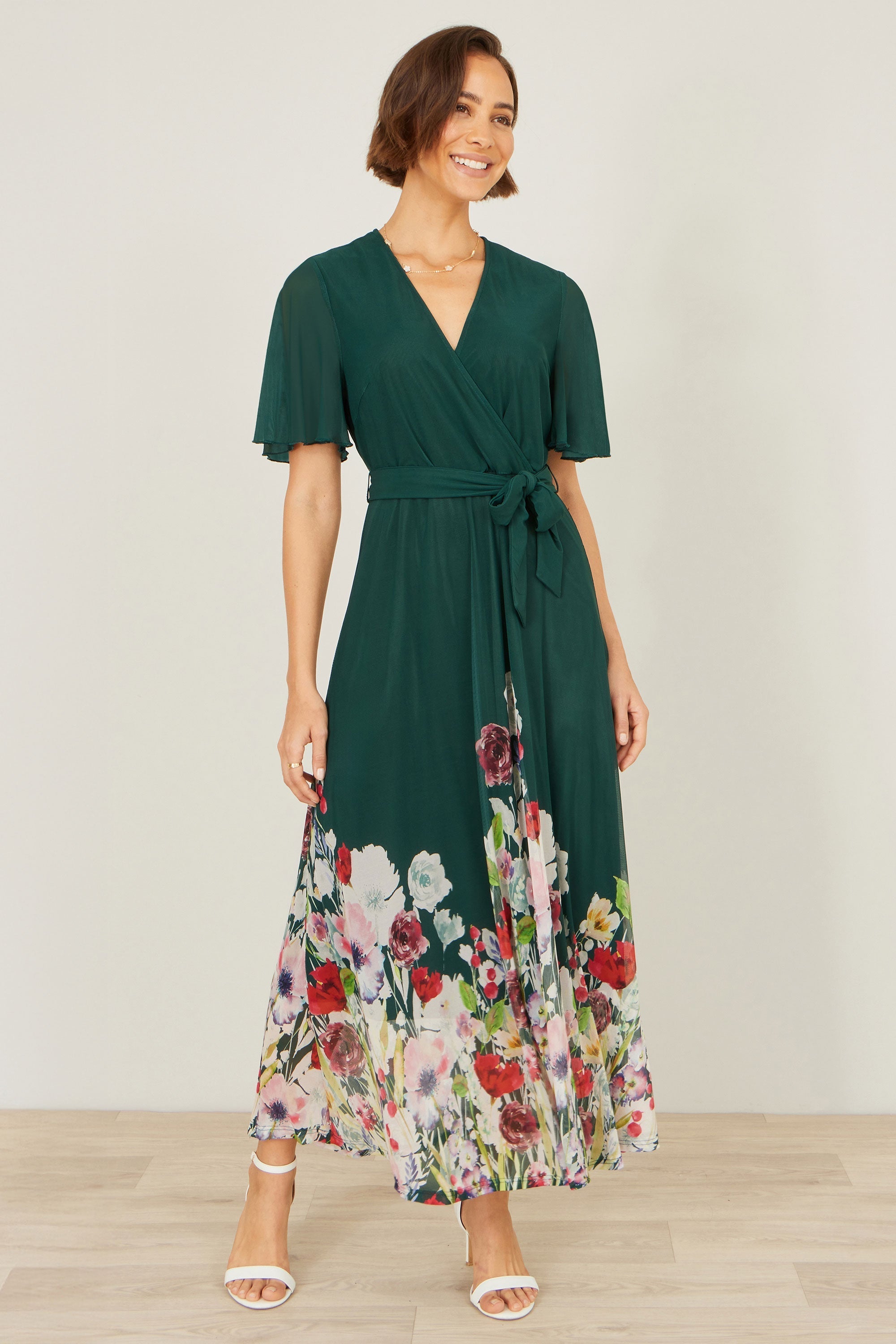 Yumi Green Mesh Wrap Midi Dress With Floral Hem Border – The Show-Stopping Summer Dress for £75