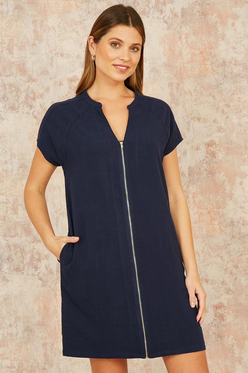 Yumi Navy Viscose Zip Tunic Dress — relaxed tunic shape in lightweight breathable 97% viscose 3% linen blend, with front zip detail and pockets, shown in navy