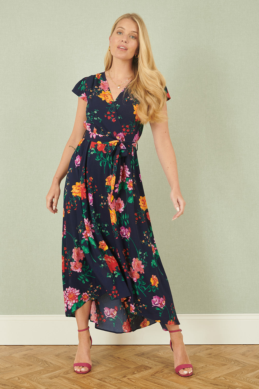 Yumi Navy Flower Print Wrap Midi Dress – Big Bold Florals & Flattering Shape for Just £40
